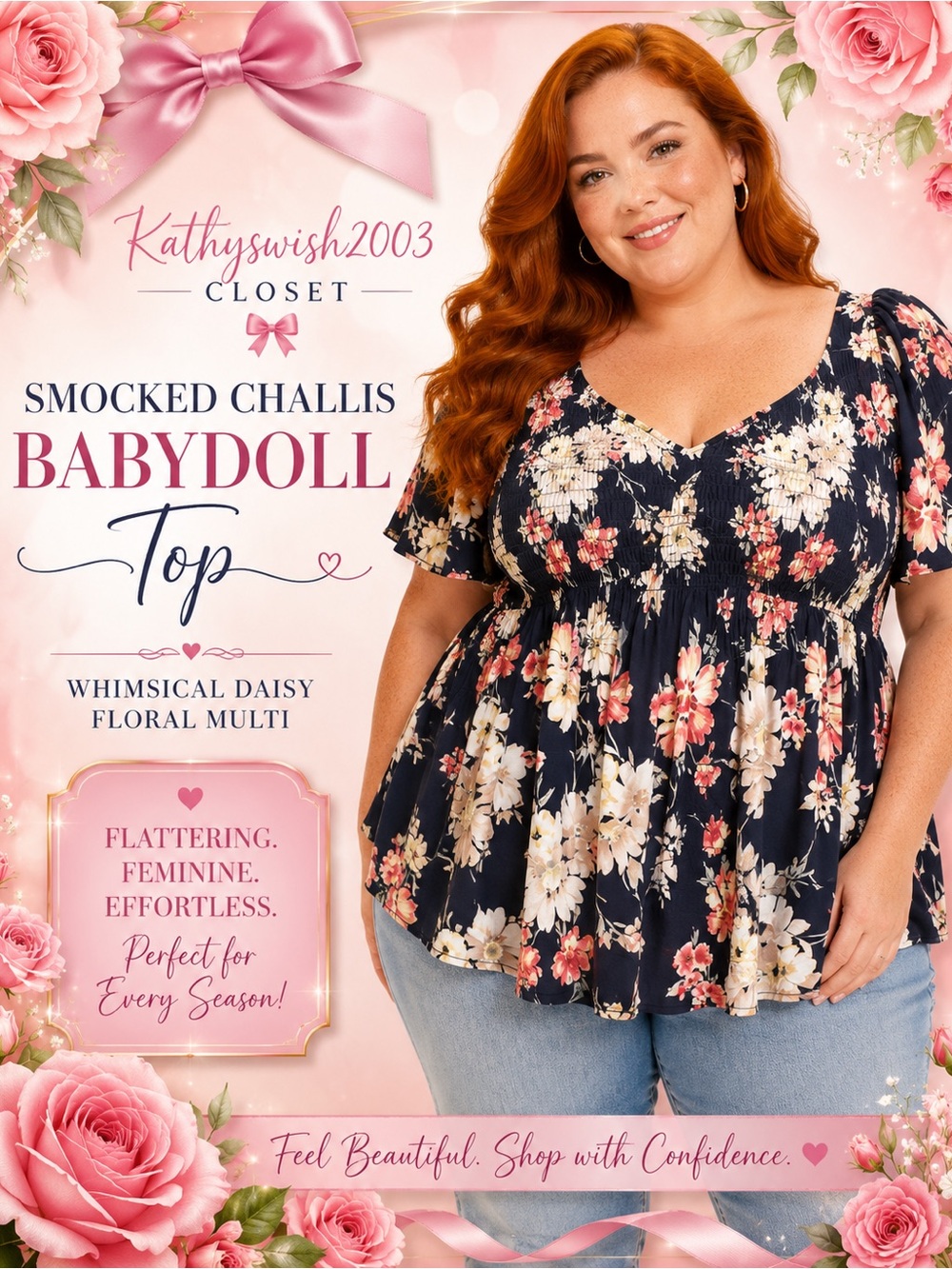 torrid Black Floral Smocked V-Neck Tunic with Flutter Sleeves